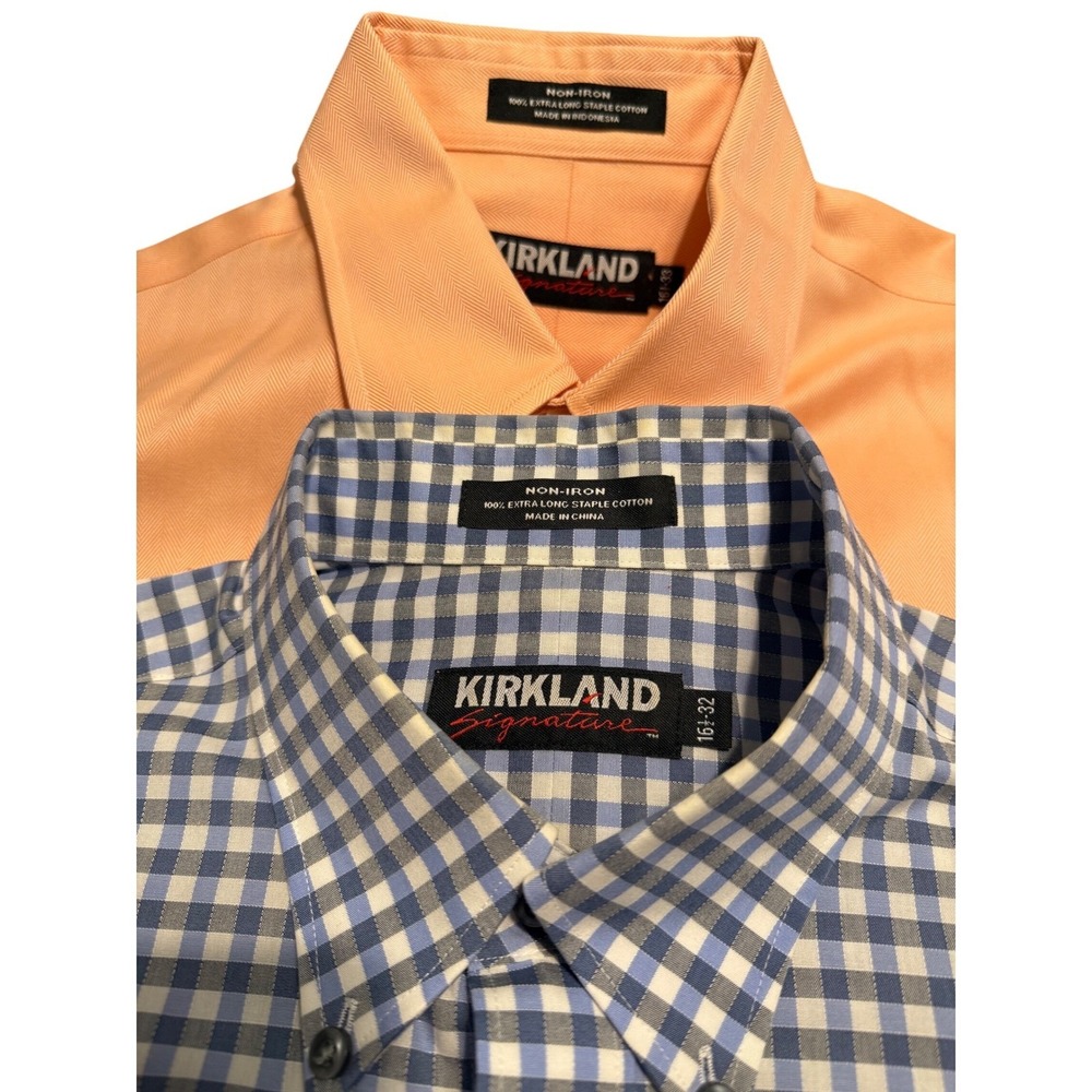 Kirkland Signature Mens Lot Of 2 Cotton Dress Shirt Coral Blue Gingham Sz 16 1/2